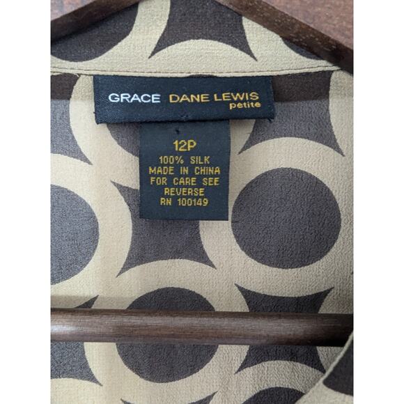 Grace Dane Lewis Womens Silk Brown Circle Link Button Up Sheer Blouse Size 12P - Picture 5 of 8